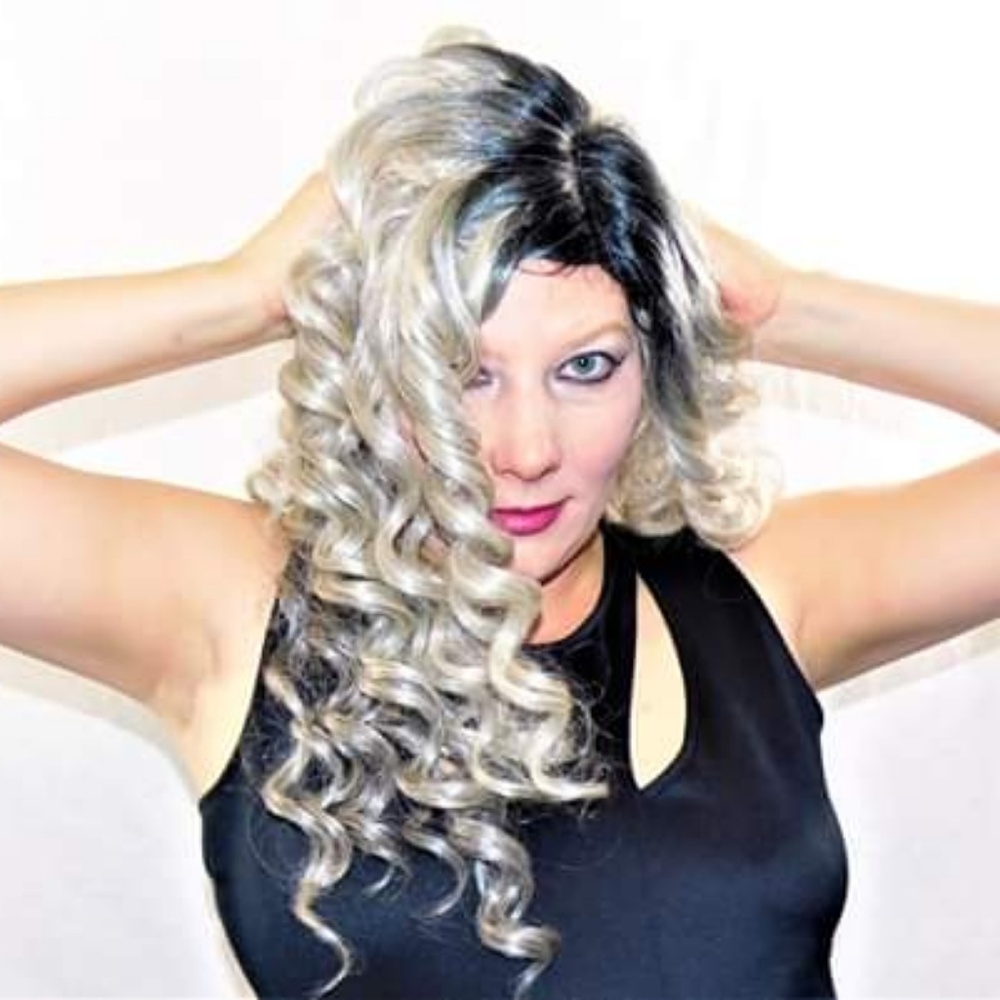 Grey with black trim curly wig!
